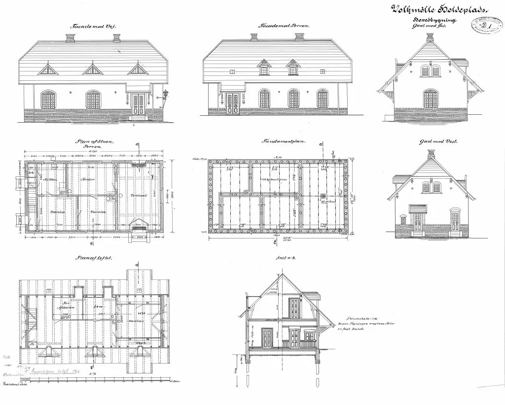 Tegning af Volkmølle Station. Tegning af Volkmølle Station.