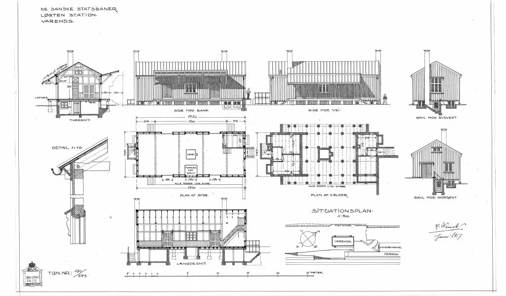 Tegning af Løgten Stations pakhus. Tegning af Løgten Stations pakhus.