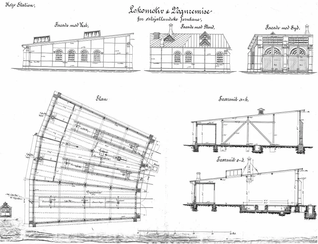 Tegning af Køge Stations remise.