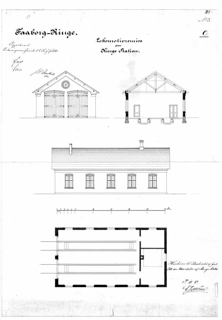 Tegning af Ringe Stations remise.