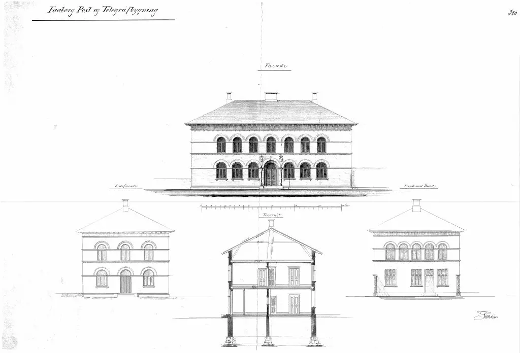 Tegning af Faaborg Stations Posthus.