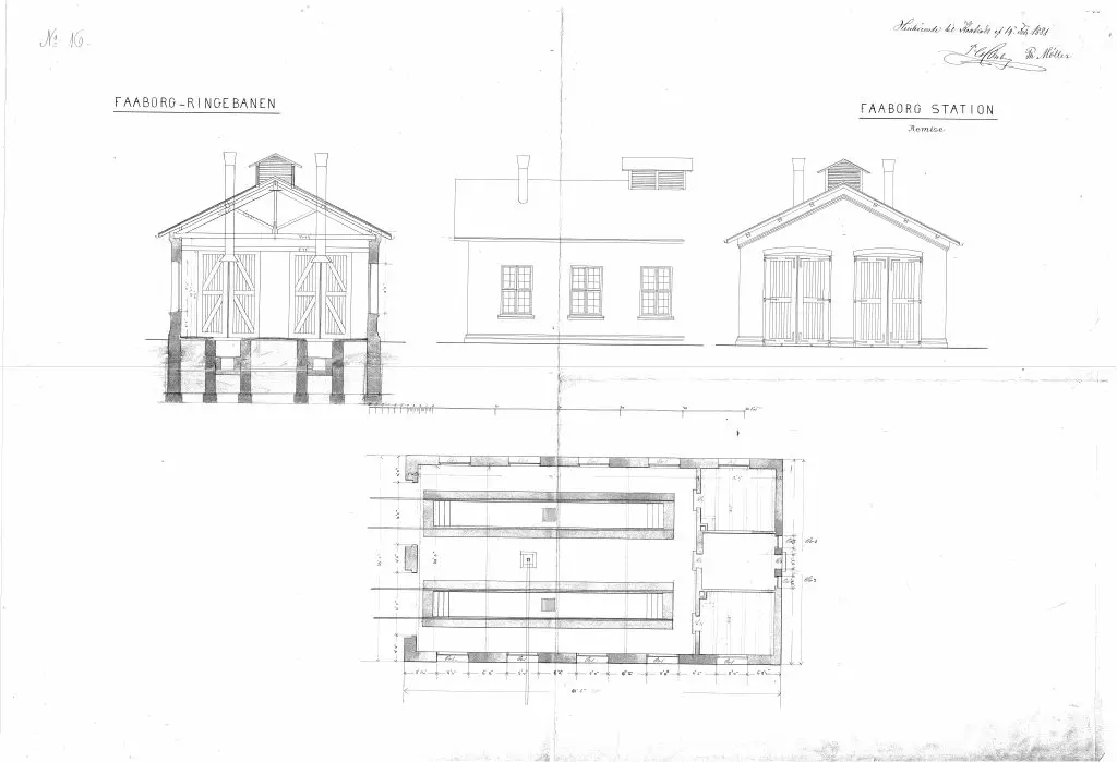 Tegning af Faaborg Stations remise. Tegning af Faaborg Stations remise.