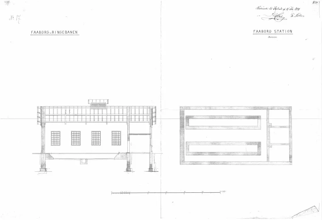 Tegning af Faaborg Stations remise. Tegning af Faaborg Stations remise.