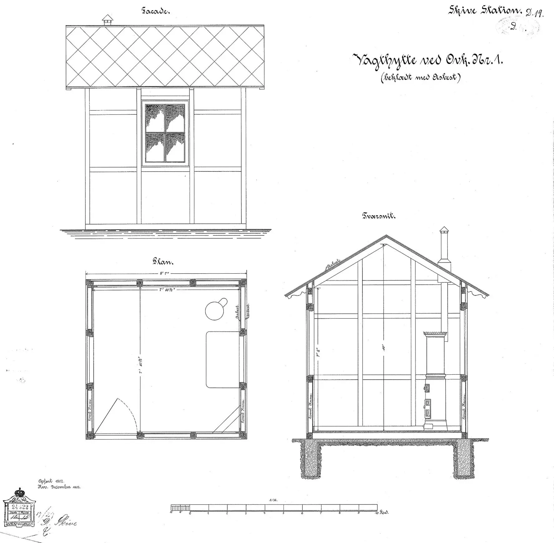 Tegning af Skive Stations Vagthytte ved ovk. nr. 1 (beklædt med asbest). Tegning af Skive Stations Vagthytte ved ovk. nr. 1 (beklædt med asbest).
