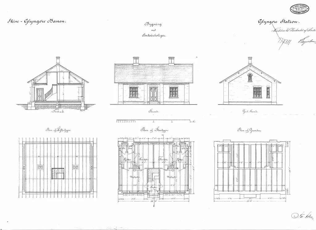Tegning af Glyngøre Stations Bygning med portørboliger. Sign.: Th. Arboe.