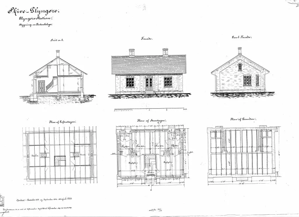 Tegning af Glyngøre Stations Bygning med portørboliger.