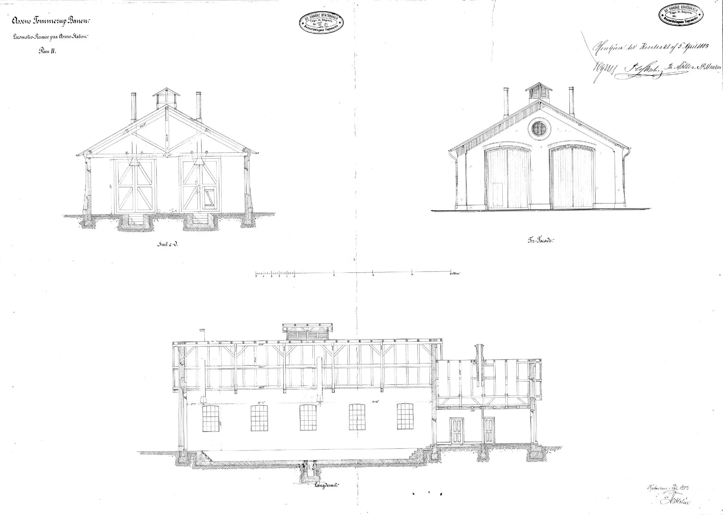 Tegning af Assens Stations remise.