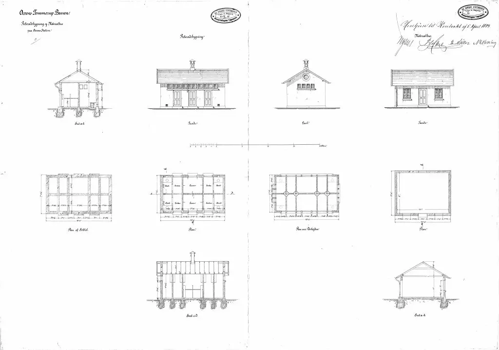 Tegning af Assens Stations Retiradebygning og materialhus. Tegning af Assens Stations Retiradebygning og materialhus.