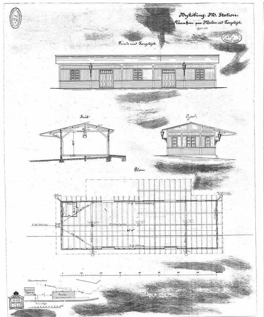 Tegning af Nykøbing Mors Stations Vareskur. Tegning af Nykøbing Mors Stations Vareskur.
