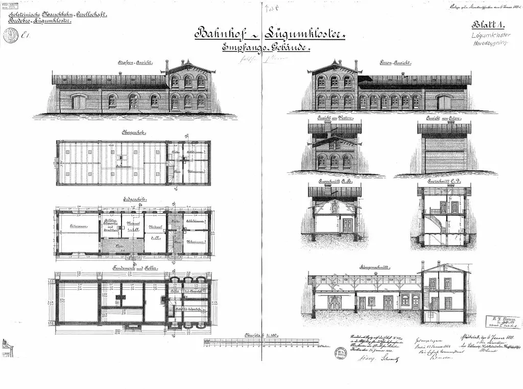 Tegning af Løgumkloster Statsbanegård. Tegning af Løgumkloster Statsbanegård.
