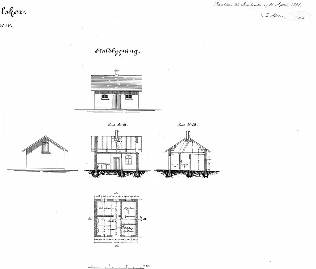 Tegning af Skælskør Stations Staldbygning. Tegning af Skælskør Stations Staldbygning.