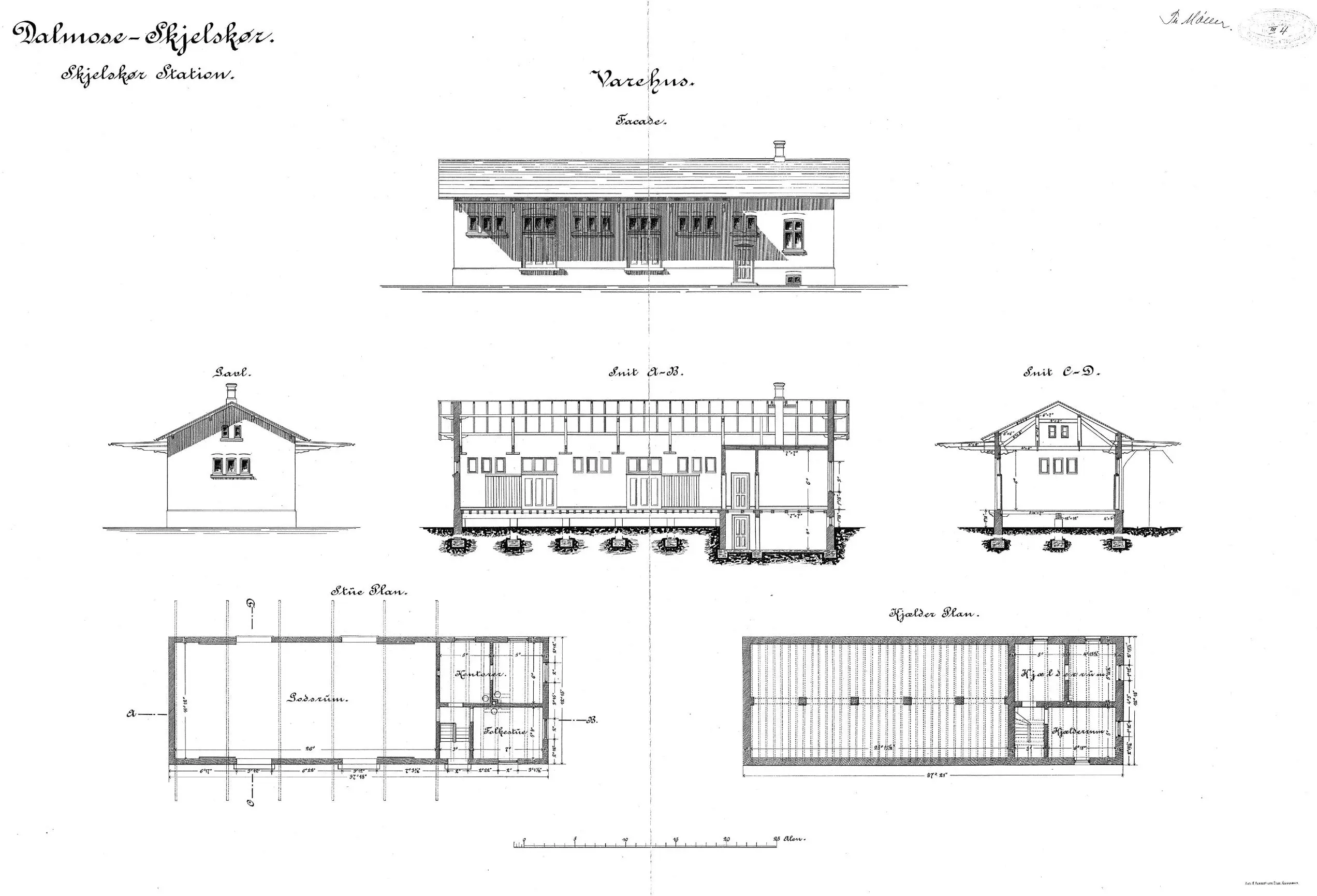 Tegning af Skælskør Stations varehus. Tegning af Skælskør Stations varehus.