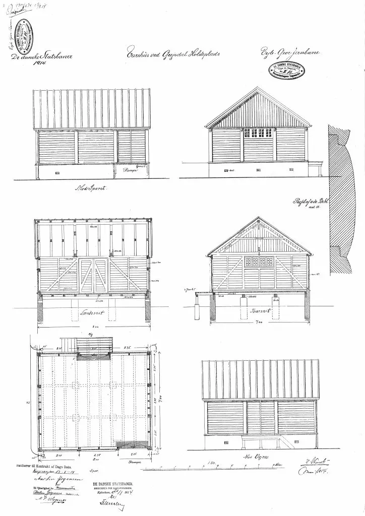 Tegning af Grejsdal Stations varehus. Tegning af Grejsdal Stations varehus.