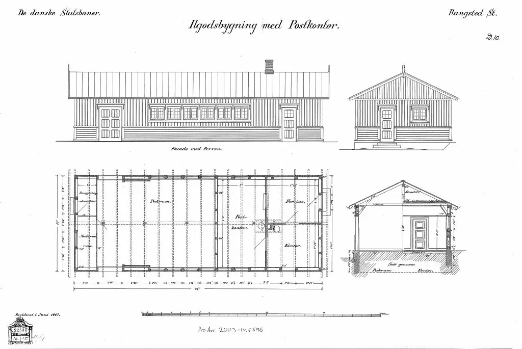 Tegning af Rungsted Kyst Stations Ilgodsbygning med postkontor. Tegning af Rungsted Kyst Stations Ilgodsbygning med postkontor.