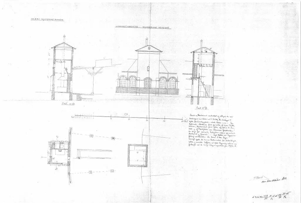 Tegning af Nykøbing Sjælland Stations Lokomotivremise. Sign.: H. Wenck.