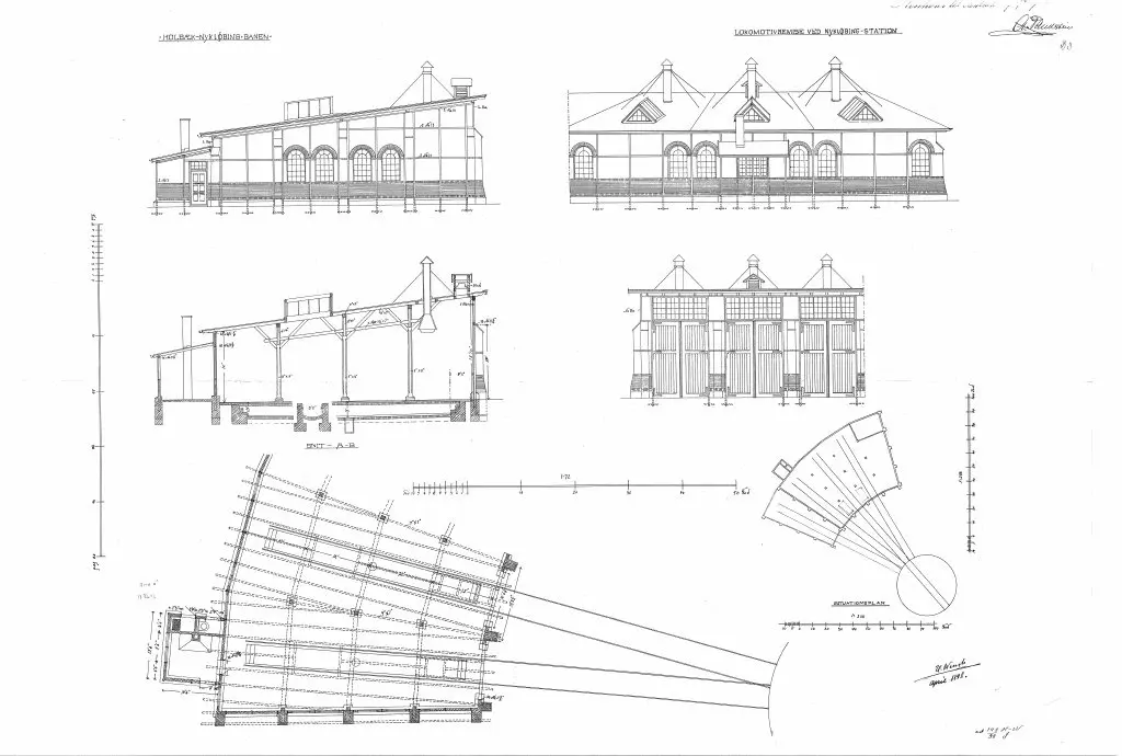 Tegning af Nykøbing Sjælland Stations Lokomotivremise. Sign.: H. Wenck.