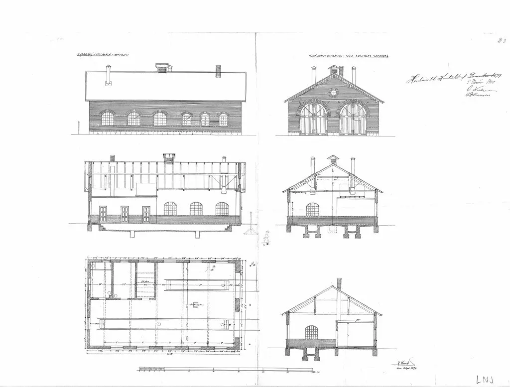 Tegning af Nærum Stations Lokomotivremise. Sign.: H. Wenck.