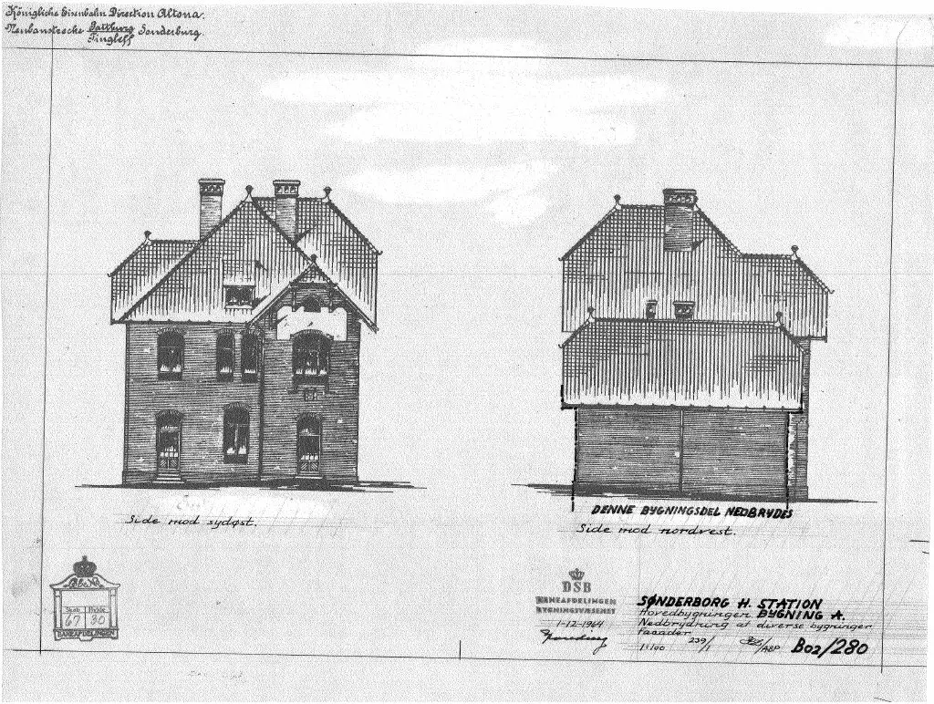 Tegning af Sønderborg Hovedbanegårds Stationsbygning. Nedbrydning af diverse bygning facade. Tegning af Sønderborg Hovedbanegårds Stationsbygning. Nedbrydning af diverse bygning facade.