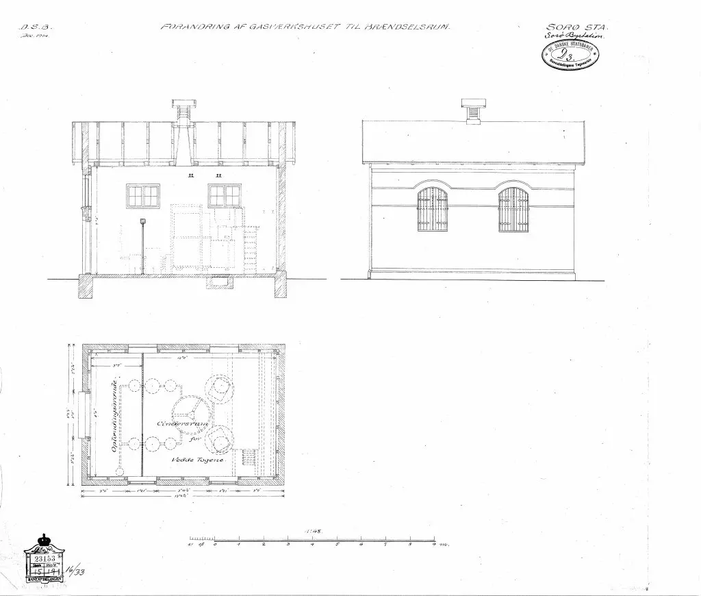 Tegning af Sorø By Stations Forandring af gasværkshuset til brændselsrum.