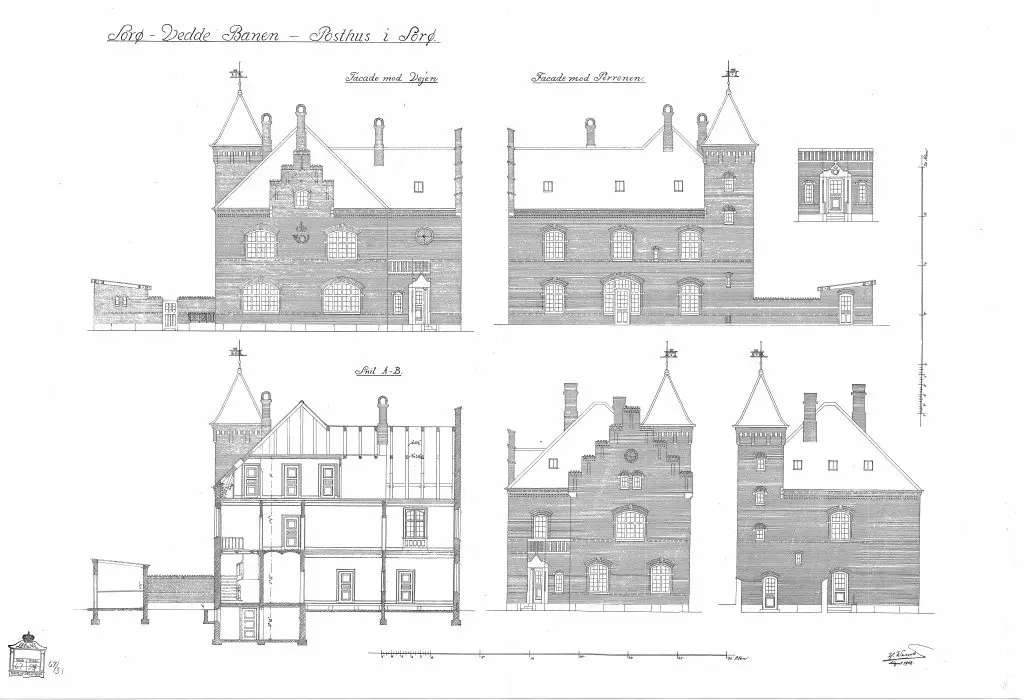 Tegning af Sorø By Stations Posthus. Sign.: H. Wenck.