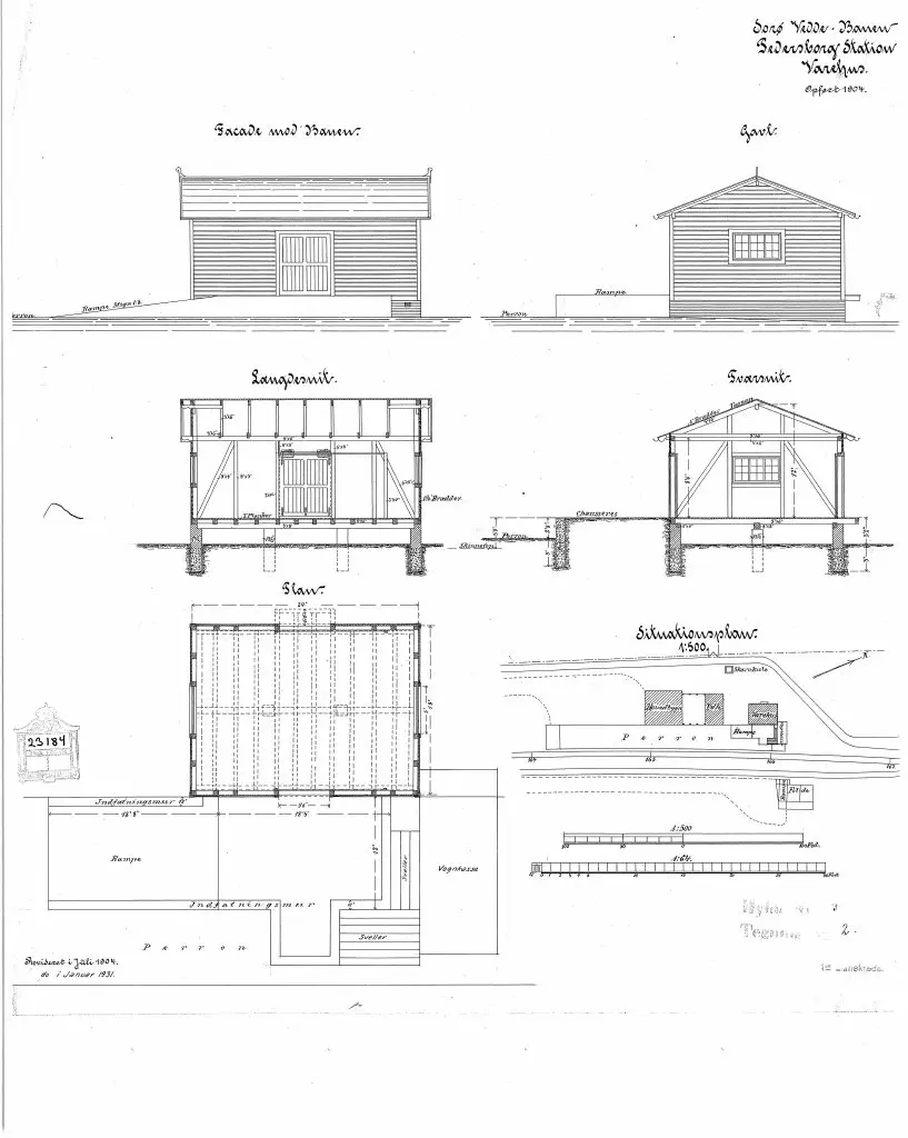 Tegning af Pedersborg Stations varehus. Tegning af Pedersborg Stations varehus.