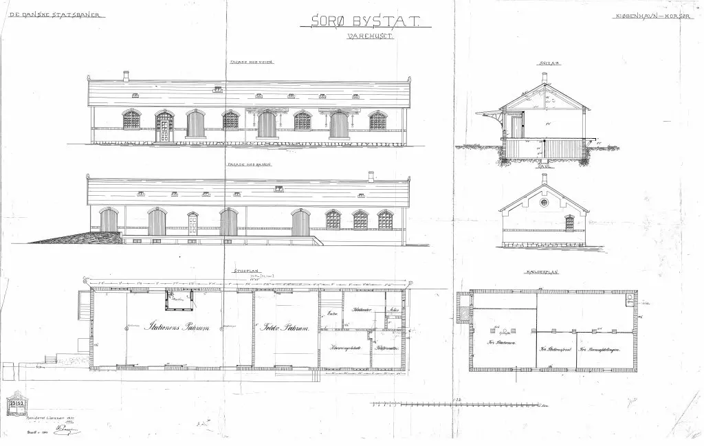 Tegning af Sorø By Stations varehus.