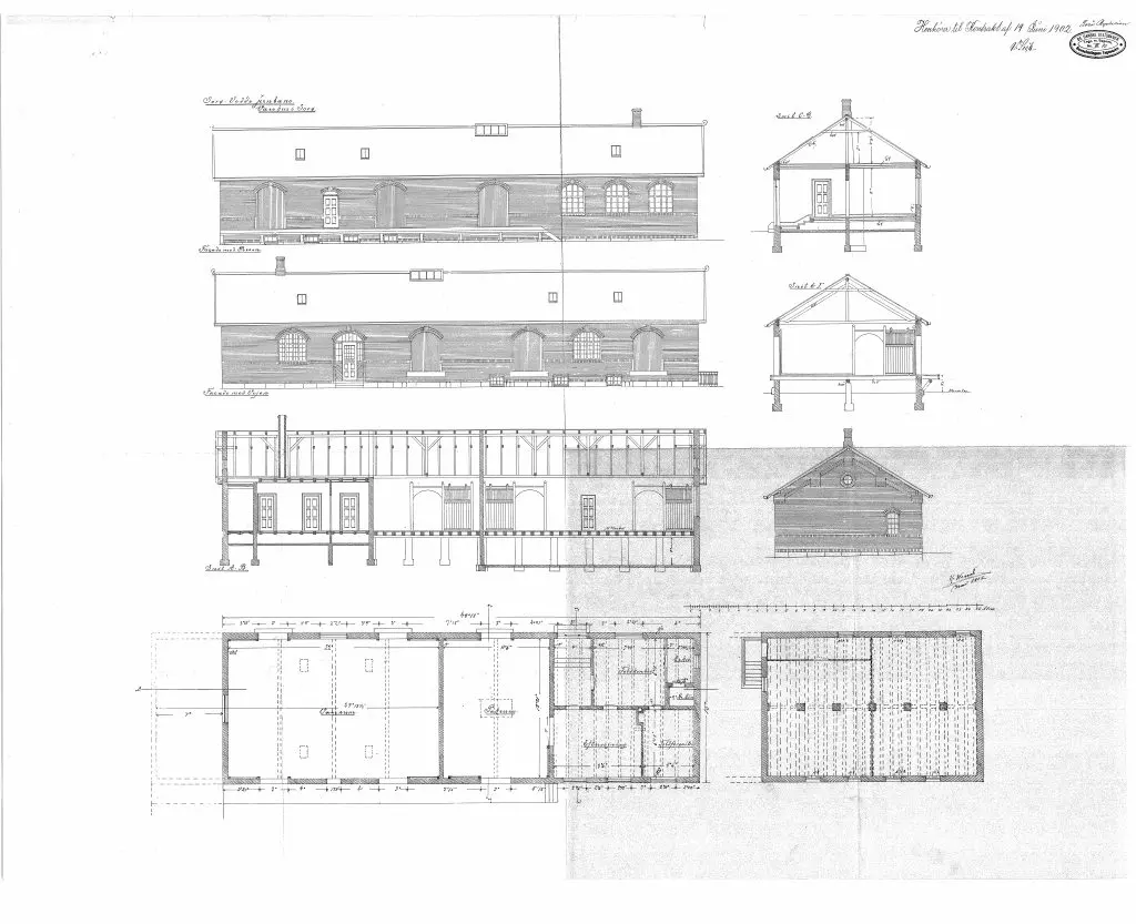 Tegning af Sorø By Stations varehus.