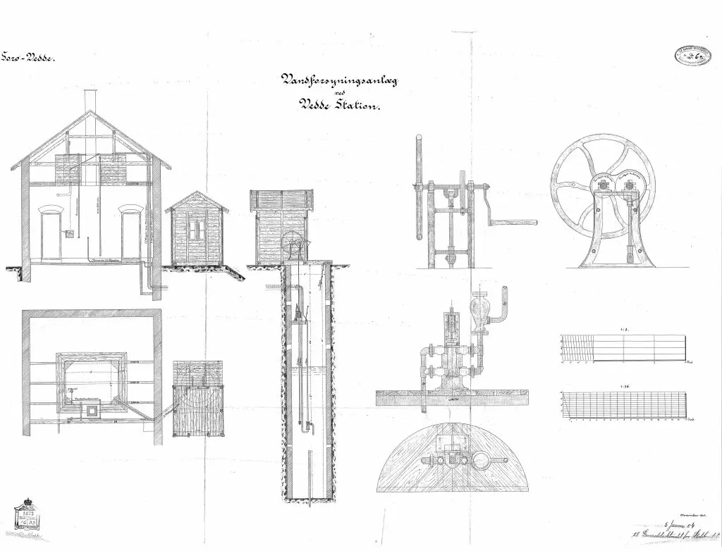 Tegning af Vedde Stations Vandforsyningsanlæg.