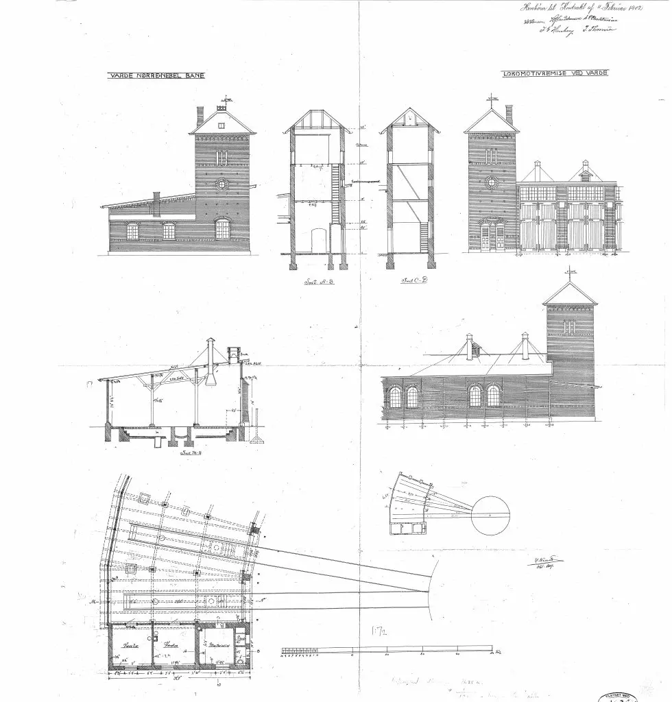 Tegning af Varde Vest Stations Lokomotivremise. Sign.: H. Wenck.