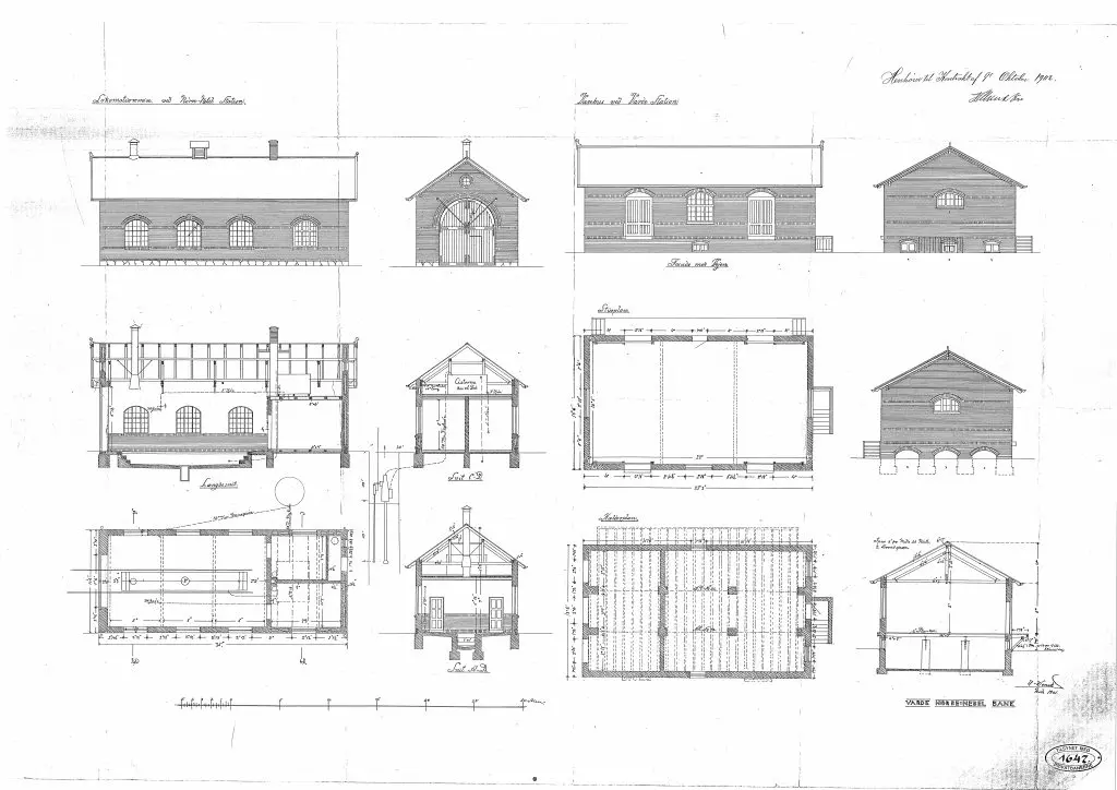 Tegning af Nørre Nebel Stations Lokomotivremise. Sign.: H. Wenck.
