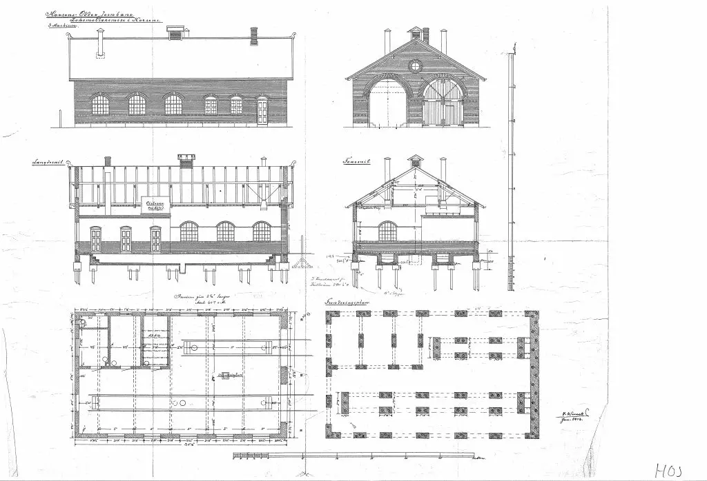 Tegning af Horsens Privatbanestations Lokomotivremise. Sign.: H. Wenck.