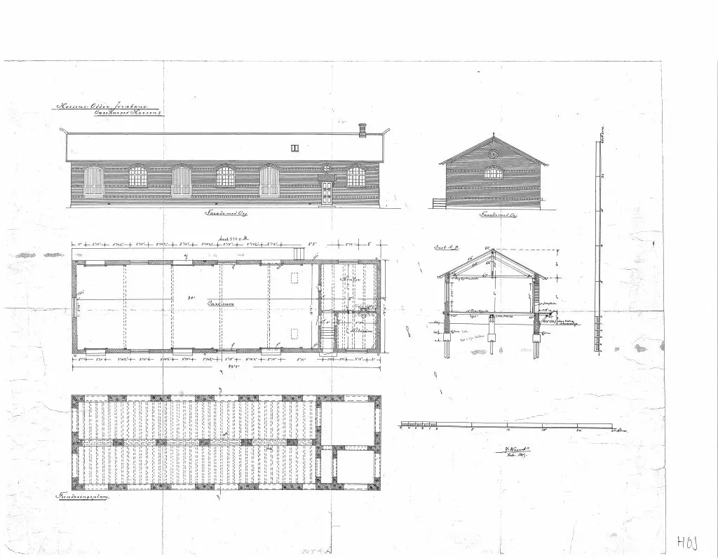 Tegning af Horsens Privatbanestations varehus.