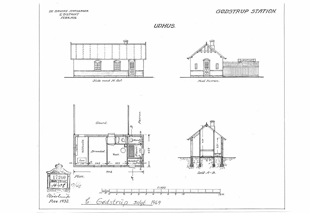 Tegning af Gødstrup Stations Udhus.