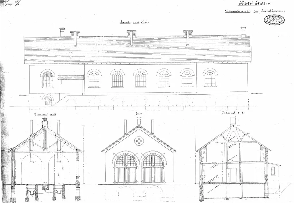 Tegning af Thisted Stations remise. Tegning af Thisted Stations remise.