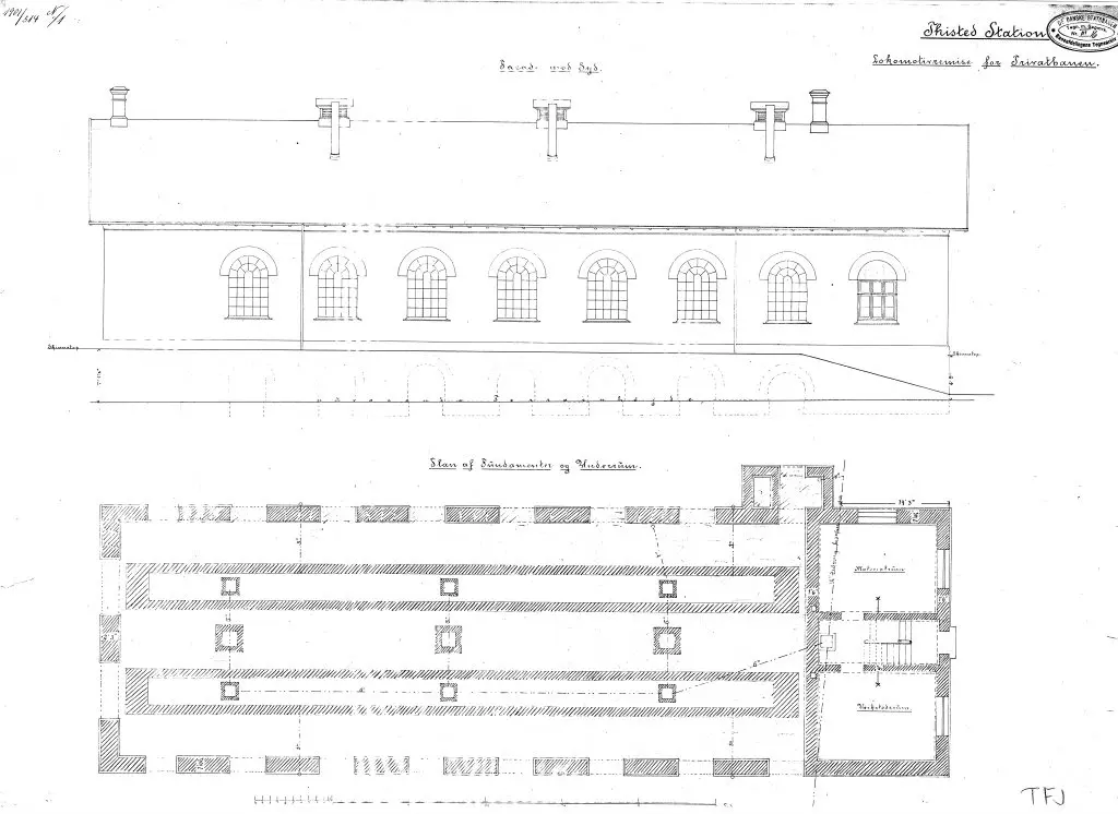 Tegning af Thisted Stations remise. Tegning af Thisted Stations remise.