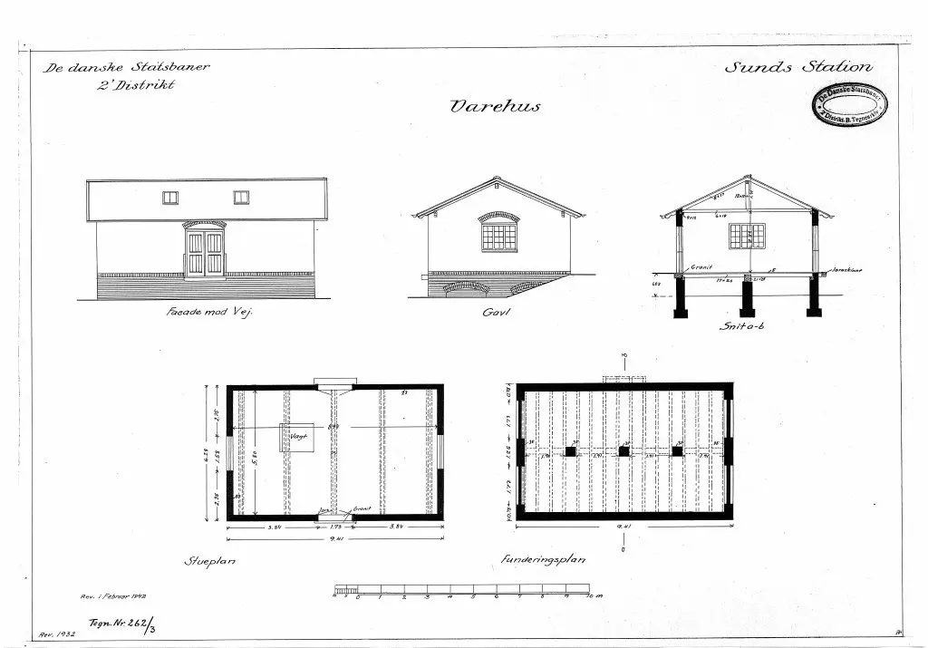 Tegning af Sunds Stations varehus.