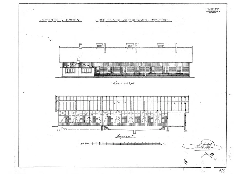 Tegning af Amagerbro Station - Projekt til udvidelse af remise. Tegning af Amagerbro Station - Projekt til udvidelse af remise.