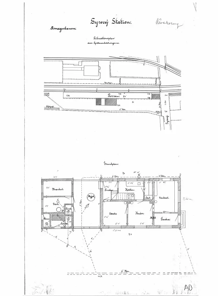 Tegning af Syrevej Station - Situationsplan over spildevandsledningerne.