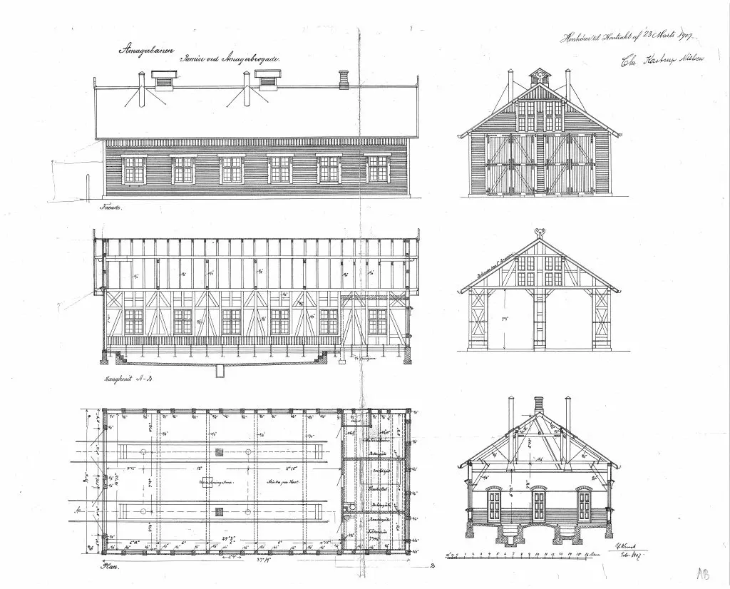 Tegning af Amagerbro Stations remise. Tegning af Amagerbro Stations remise.