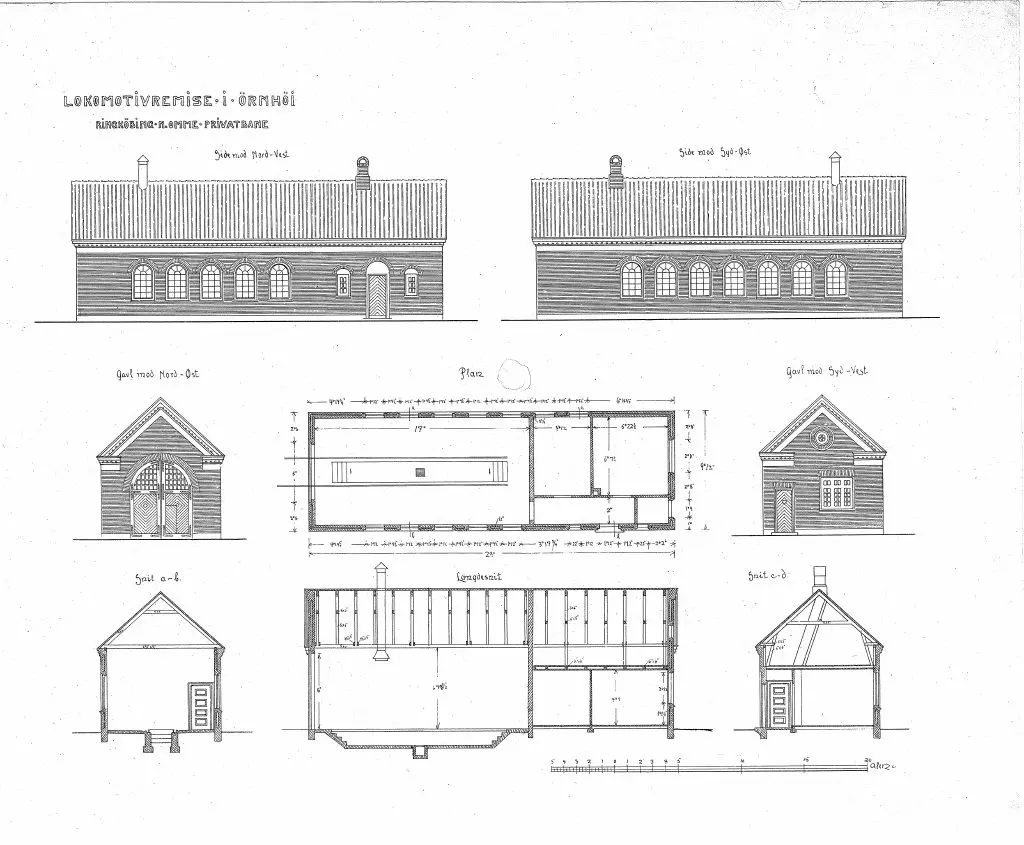 Tegning af Ørnhøj Stations remise. Tegning af Ørnhøj Stations remise.