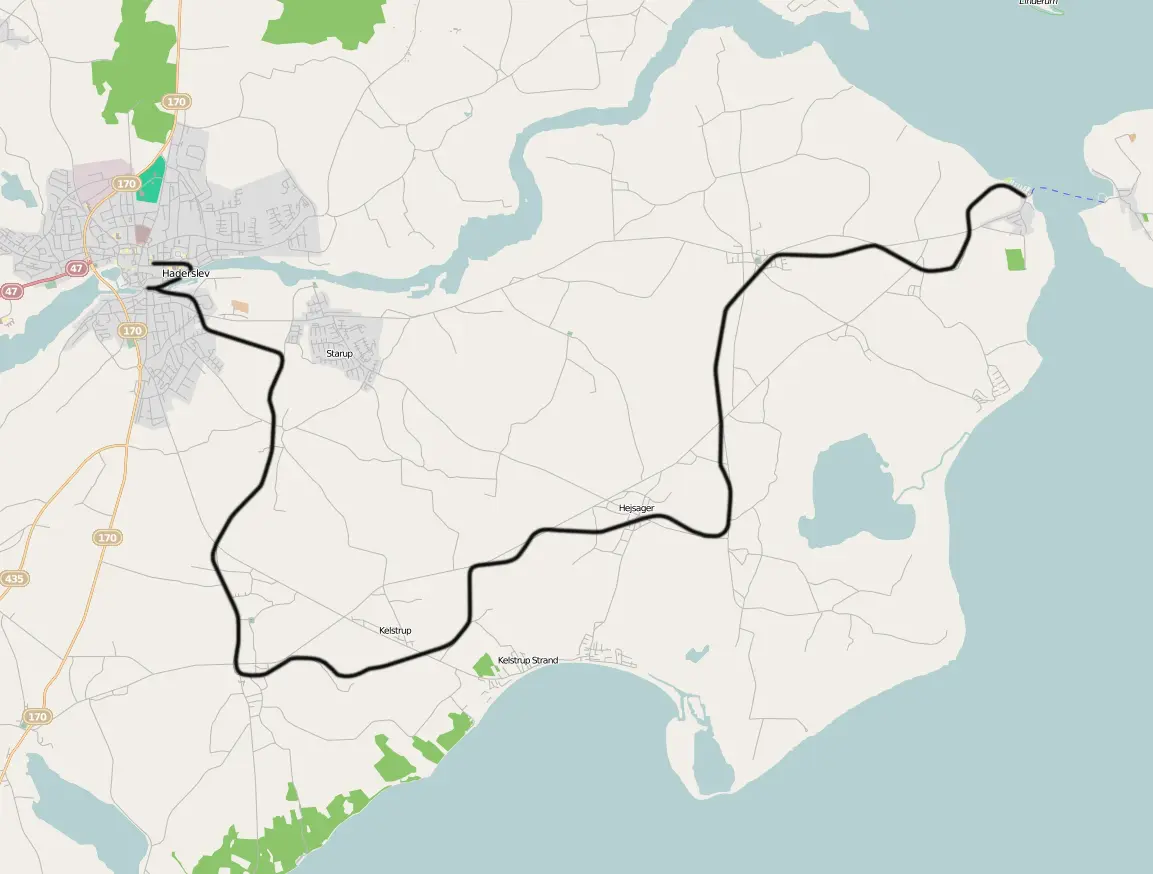 Kort over benestrækningen: Haderslev-Årøsund (HAJ)