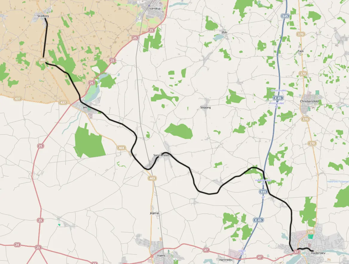 Kort over benestrækningen: Haderslev-Skodborg (HAJ)