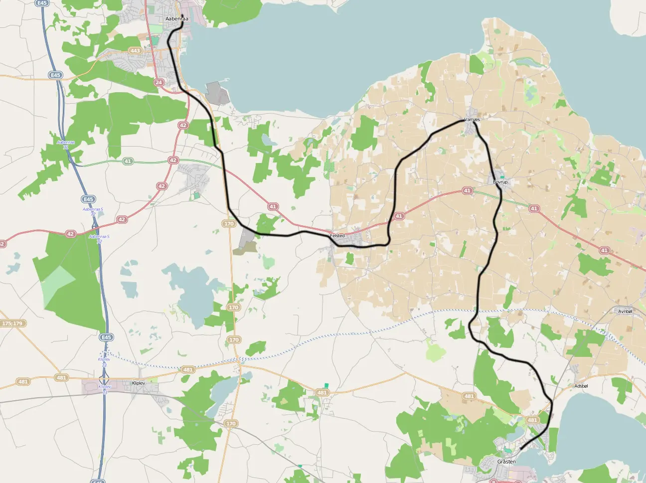 Kort over benestrækningen: Aabenraa-Gråsten (AaAJ)