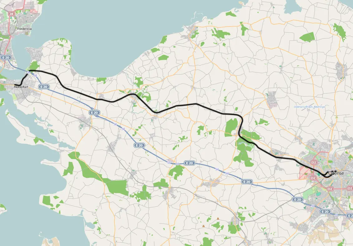 Kort over benestrækningen: Odense-Middelfart (OMB)