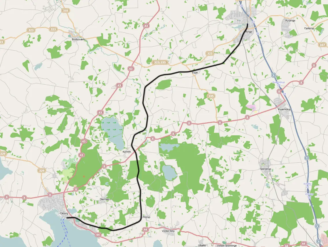 Kort over benestrækningen: Fåborg-Ringe (RFB) Kort over benestrækningen: Fåborg-Ringe (RFB)