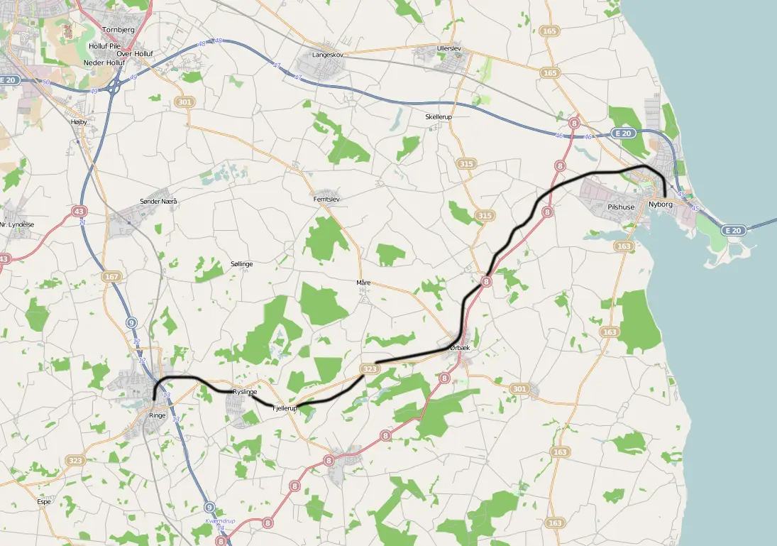 Kort over benestrækningen: Ringe-Nyborg banen (RFB)