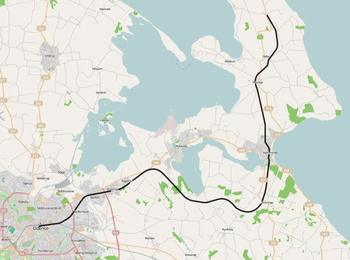 Kort over benestrækningen: Odense-Kerteminde-Dalby Jernbane (OKDJ)