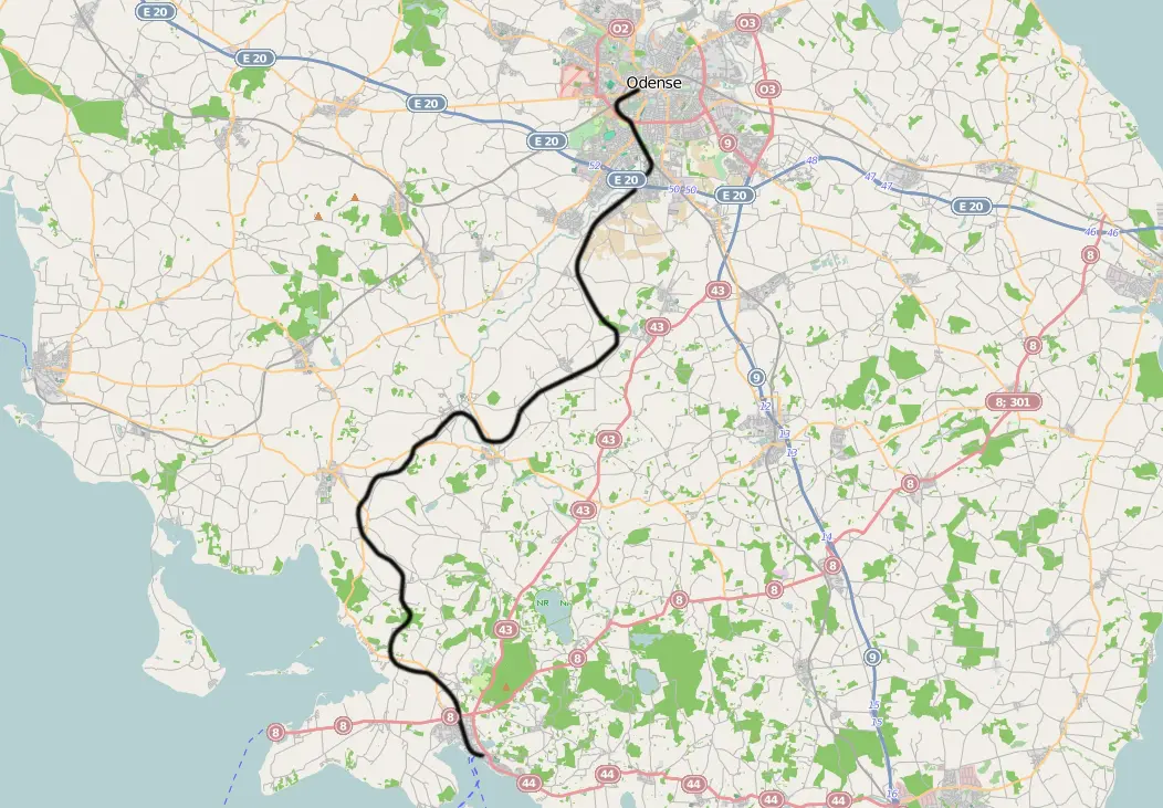 Kort over benestrækningen: Odense-Nørre Broby-Faaborg Jernbane (ONFJ)