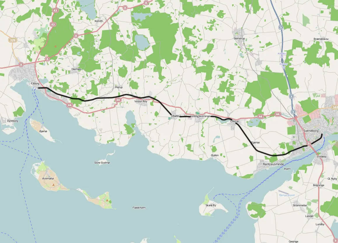 Kort over benestrækningen: Svendborg-Faaborg banen (SFB)