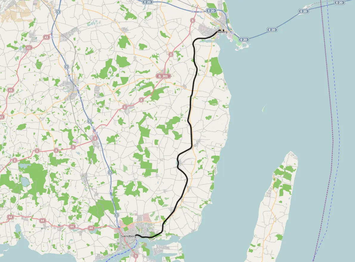 Kort over benestrækningen: Svendborg-Nyborg Banen (SNB)